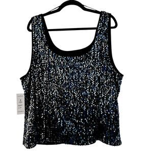 NWT Alex Evenings Sequin Sleeveless Top Black Blue Silver Satin Trim Lined 3X